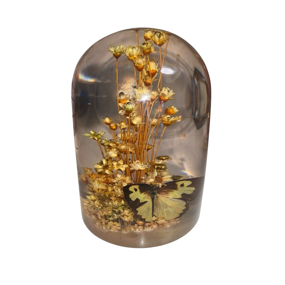 Lucite / Resin Encased Butterfly & Flowers Vintage Large Paperweight